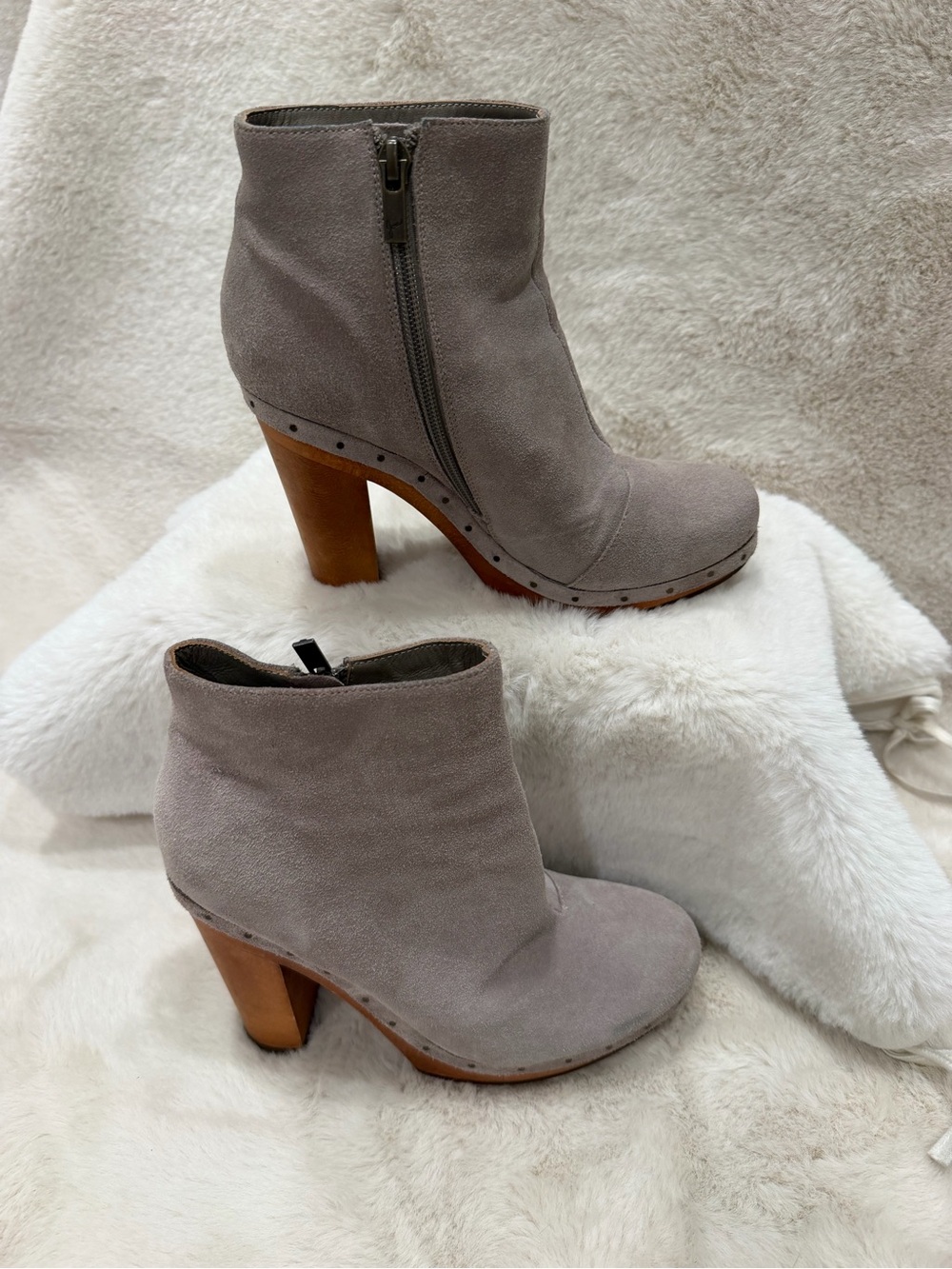 Joie Gray Suede Ankle Booties with Wood Block Heel